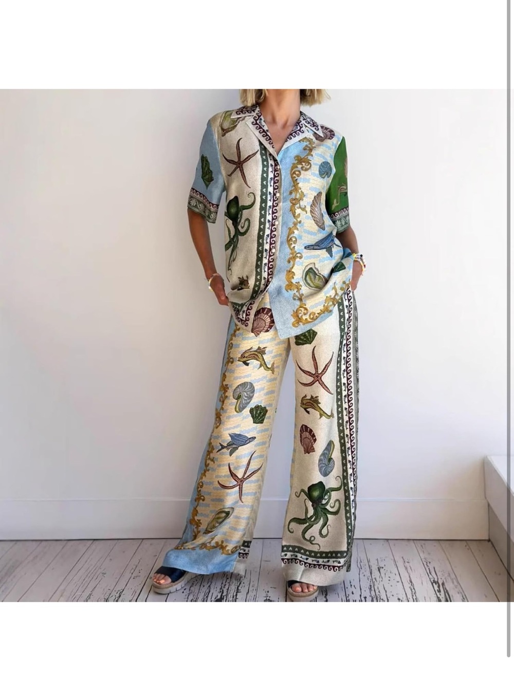 Alemais Wide-Leg Pants & Top Set in Blue, Green & Gold Ocean Print